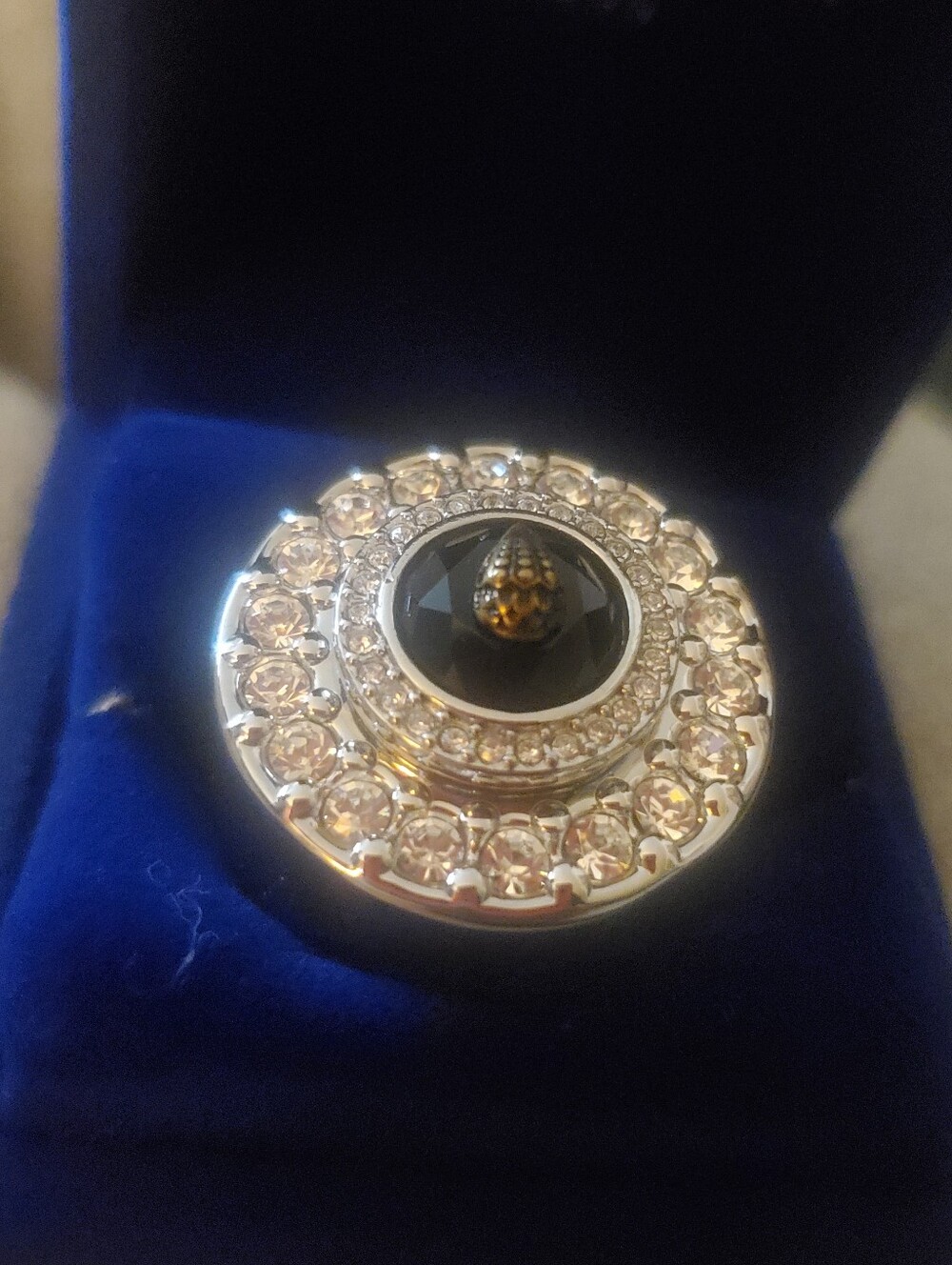 Kurt Geiger Silver-Tone Round  ring with Black Center  and Clear Crystals Ring